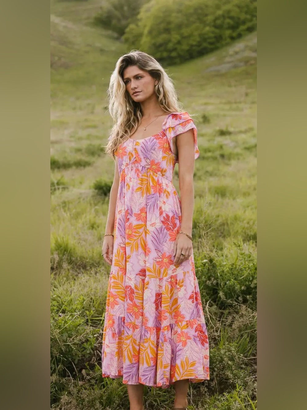 Pink & Orange Floral Midi Dress with V Neckline